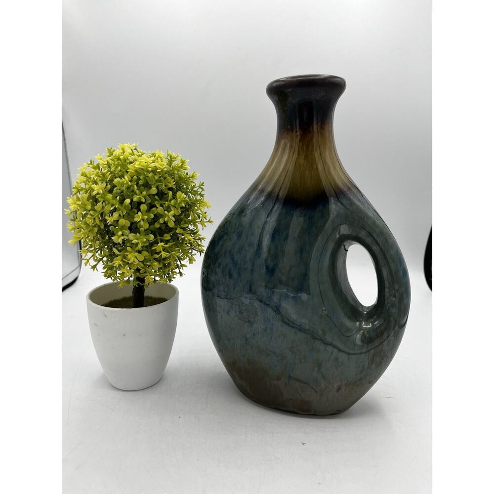 Vintage Drip Glaze Ceramic Vase Blue Brown Pierced Hole Flat Round 9" Decor